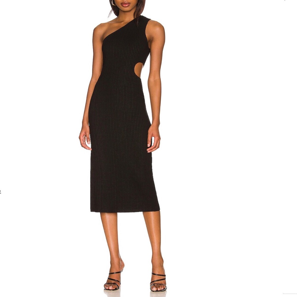 LNA Palmer One Shoulder Cutout Dress Black Ribbed Split Side Knit Midi Size 2X